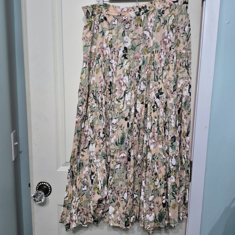 Vintage 90s Sarah Arizona Floral Cotton Gauze Tiered Maxi Skirt Pink Sage Green - Picture 2 of 5